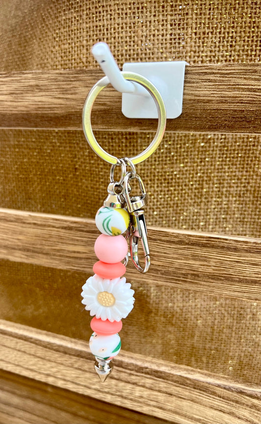 Color Burst Pink and White Floral Silicone Bead Keychain