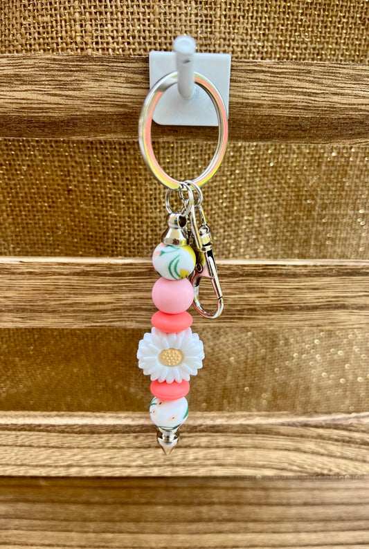 Color Burst Pink and White Floral Silicone Bead Keychain