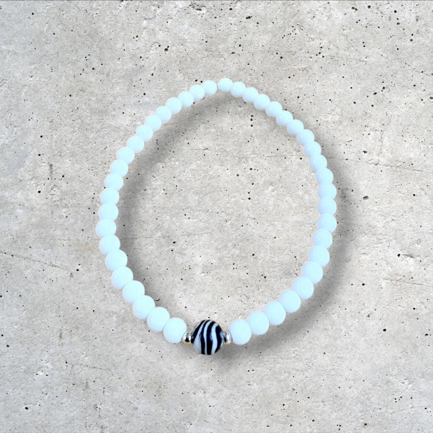 White Seed Bead Bracelet with Black Accent