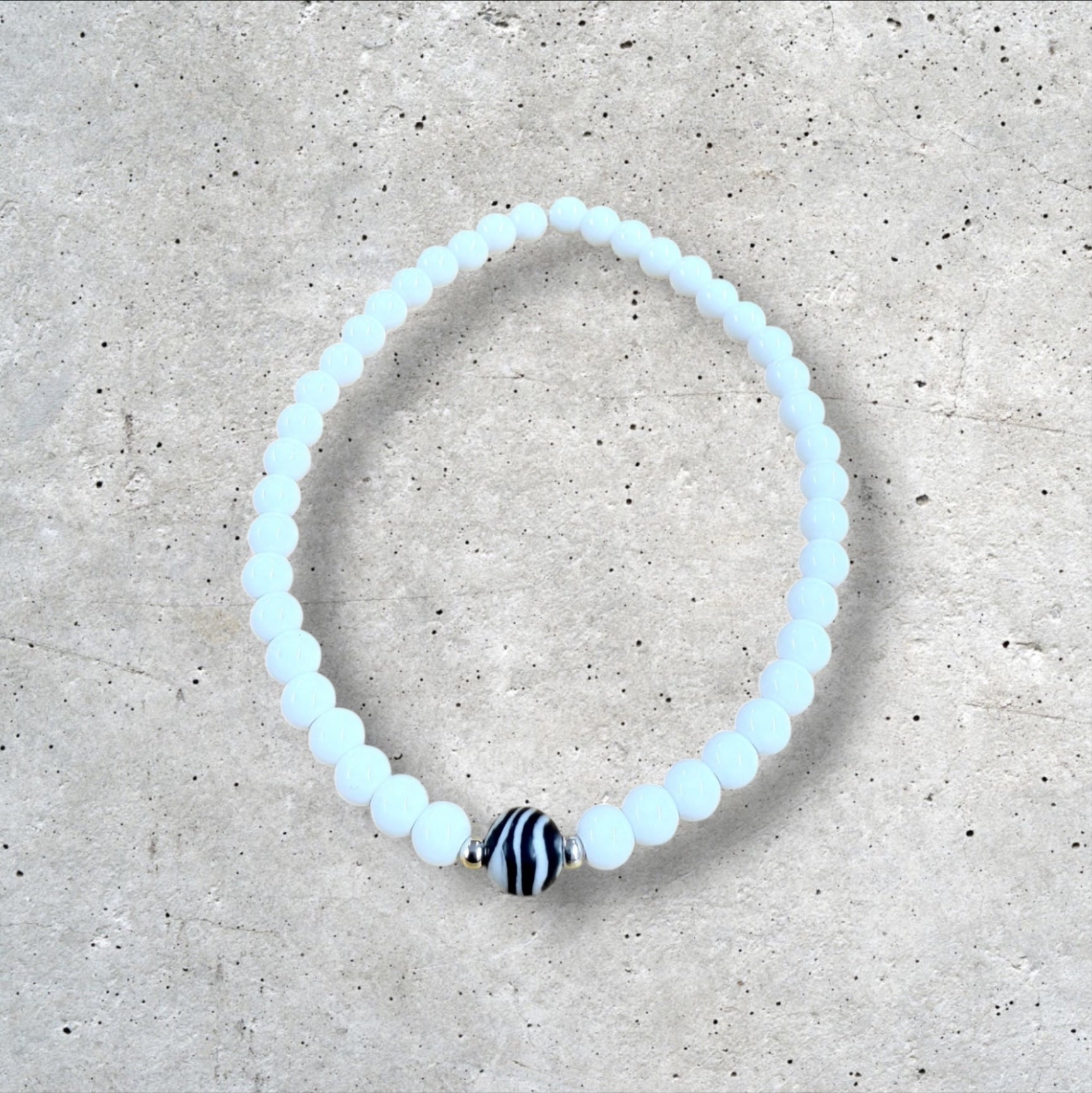 White Seed Bead Bracelet with Black Accent