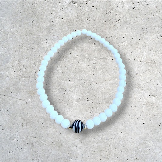 White Seed Bead Bracelet with Black Accent