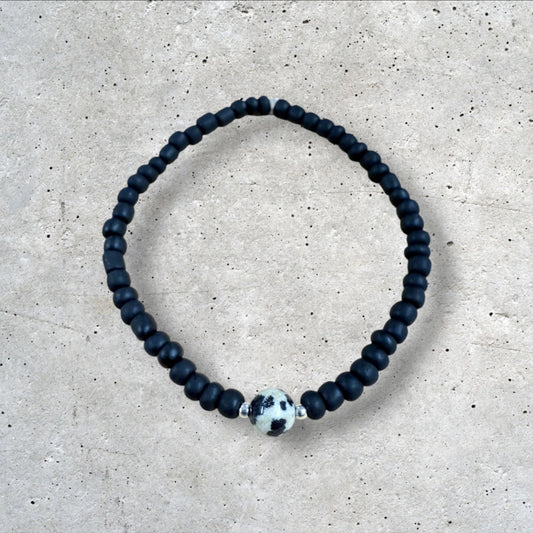 Black Seed Bead Bracelet with Dalmation Stone Accent