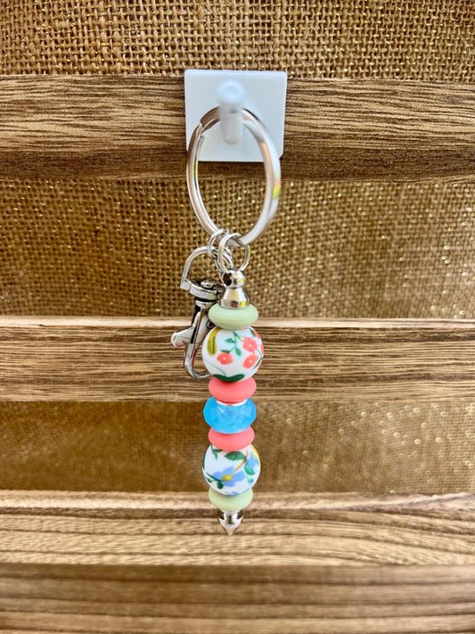 Color Burst Pink and Green Floral Silicone Bead Keychain