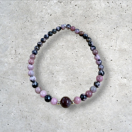 Pink Black Stone Bead Bracelet