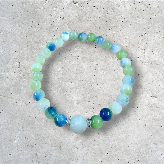 Blue Green and White Beaded Bracelet
