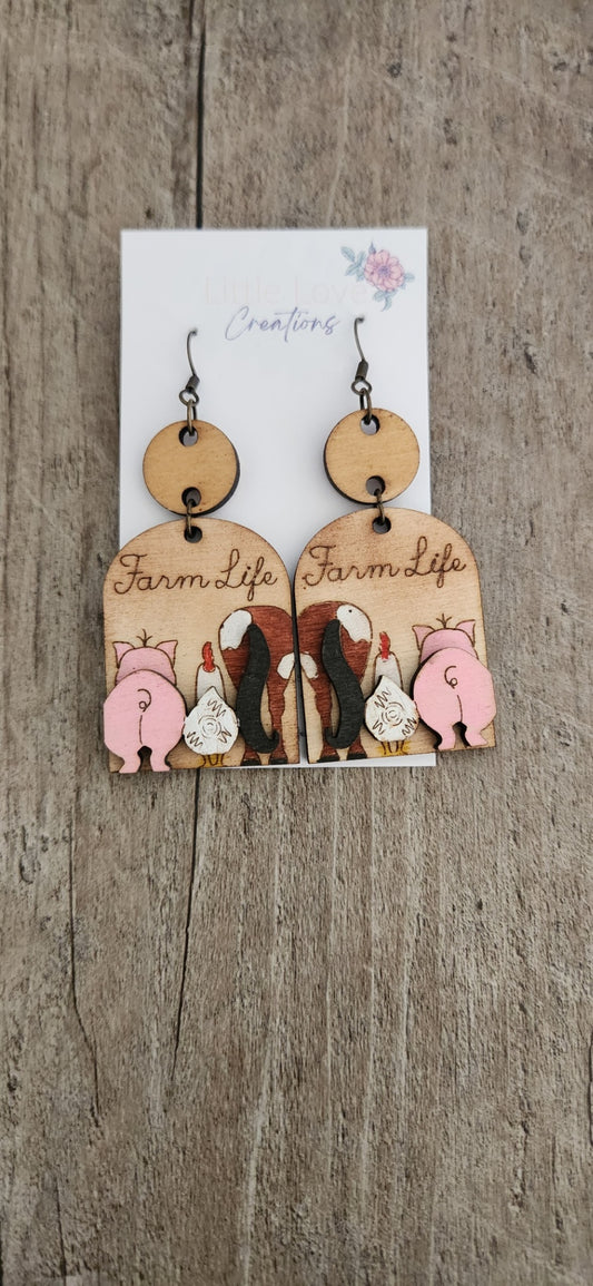 Hand-painted Farm Animal Butt Wooden Dangle Earrings 