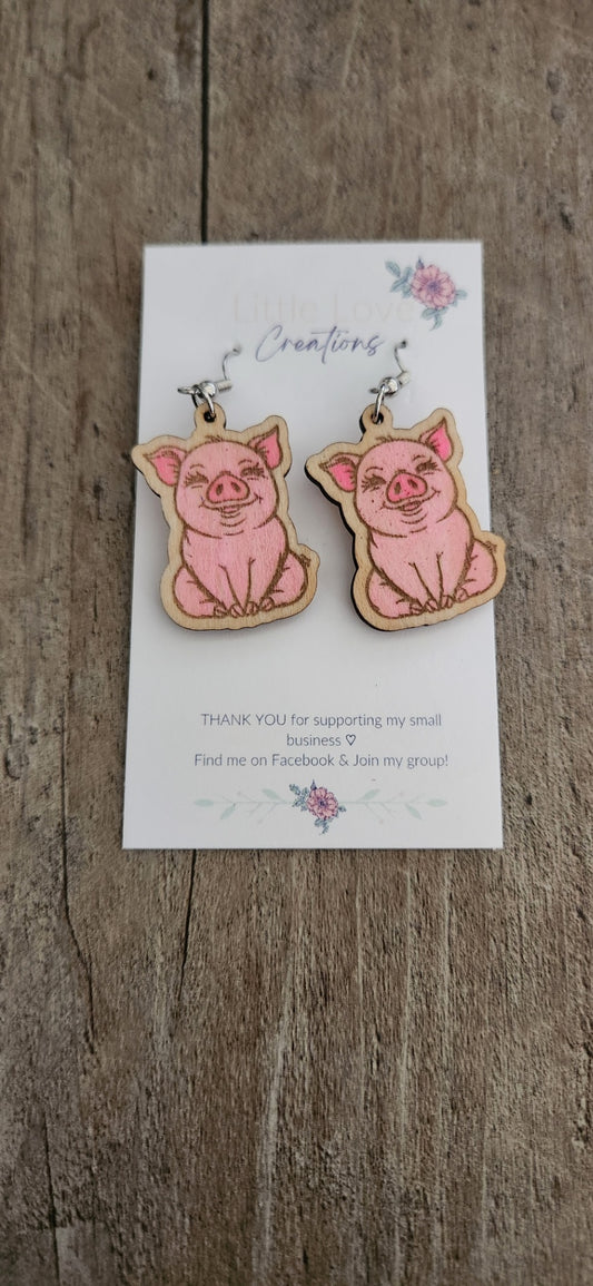 Hand-painted Pig Wooden Dangle Earrings