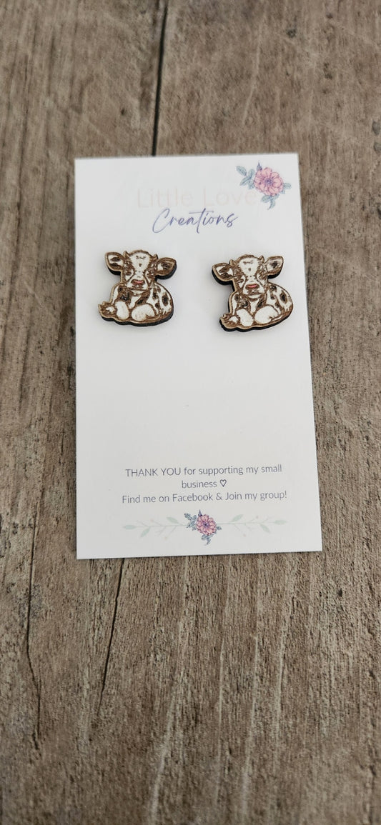 Hand-painted Cow Stud Wood Earrings