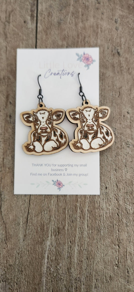 Hand-painted Cow Wooden Dangle Earrings 