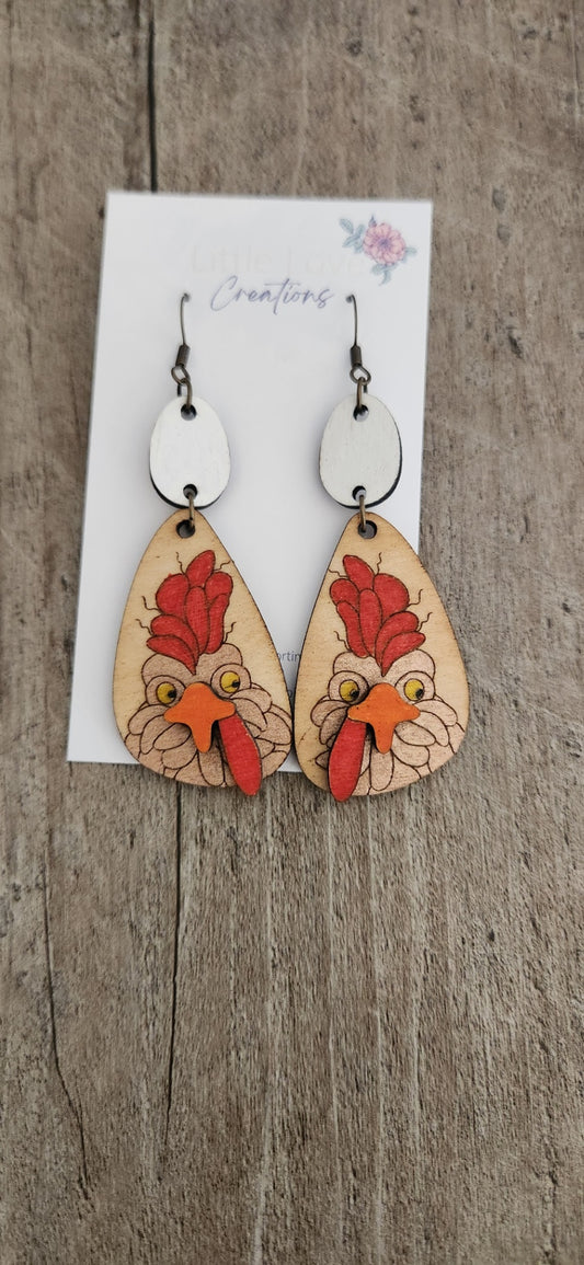 Hand-painted Chicken Wooden Dangle Earrings 