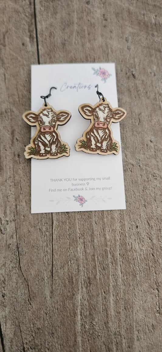 Hand-painted Cow Wooden Dangle Earrings 
