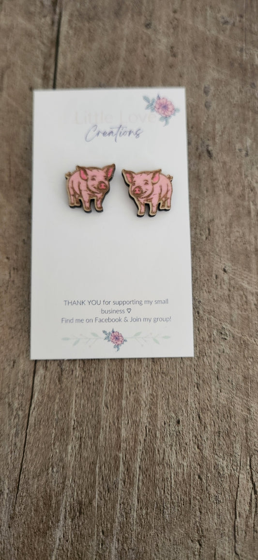 Hand-painted Pig Stud Wood Earrings