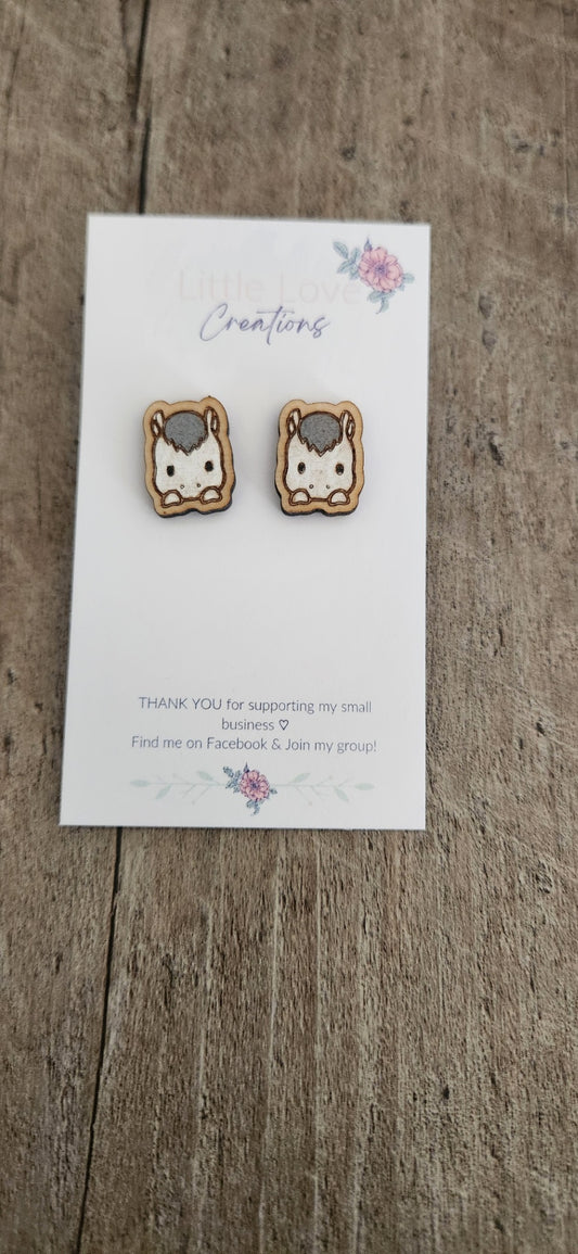 Hand-painted Horse Stud Wood Earrings