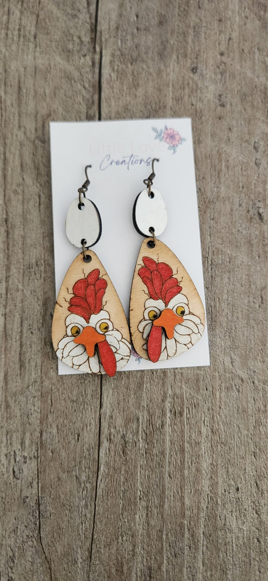 Hand-painted Chicken Wooden Dangle Earrings 