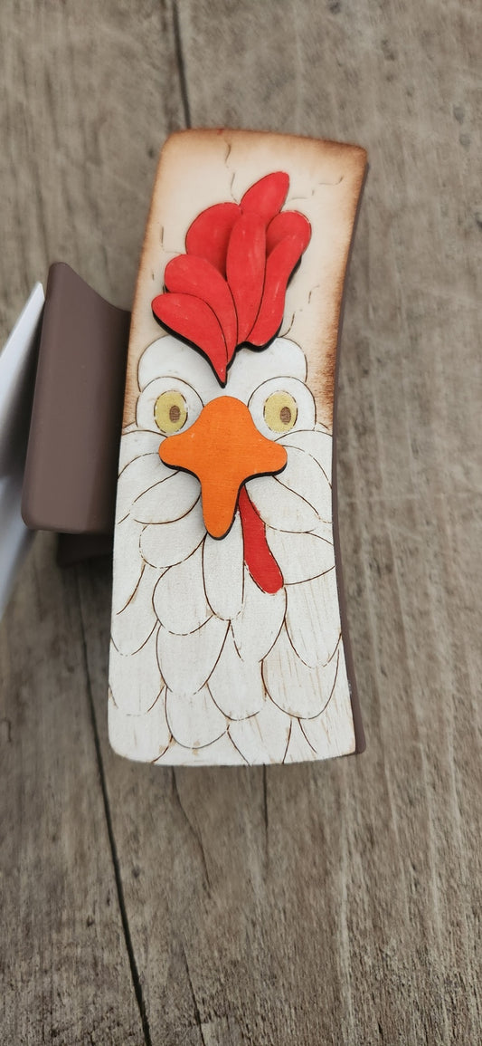Large Hand-Painted Engraved Wood White Chicken Claw Hair Clip 