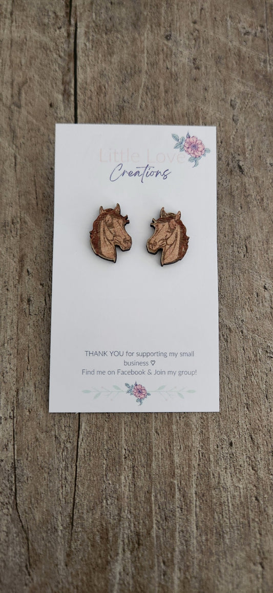 Hand-painted Horse Stud Wood Earrings