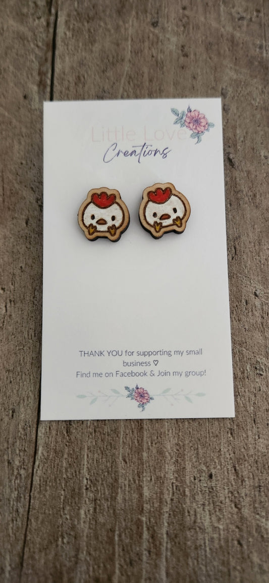 Hand-painted Wooden Chicken Stud Earrings 