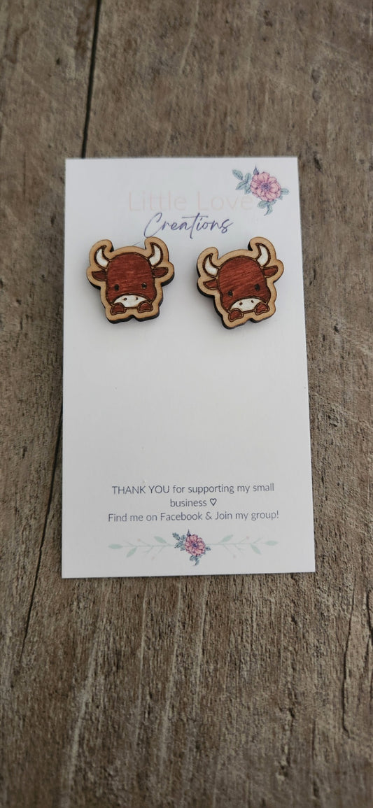 Hand-painted Cow Stud Wood Earrings