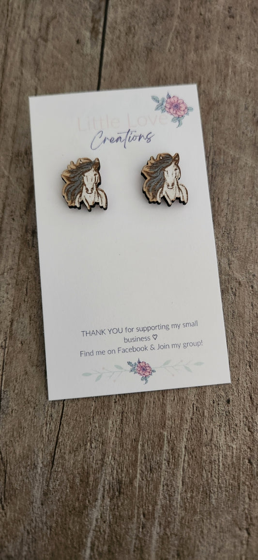 Hand-painted Horse Stud Wood Earrings 