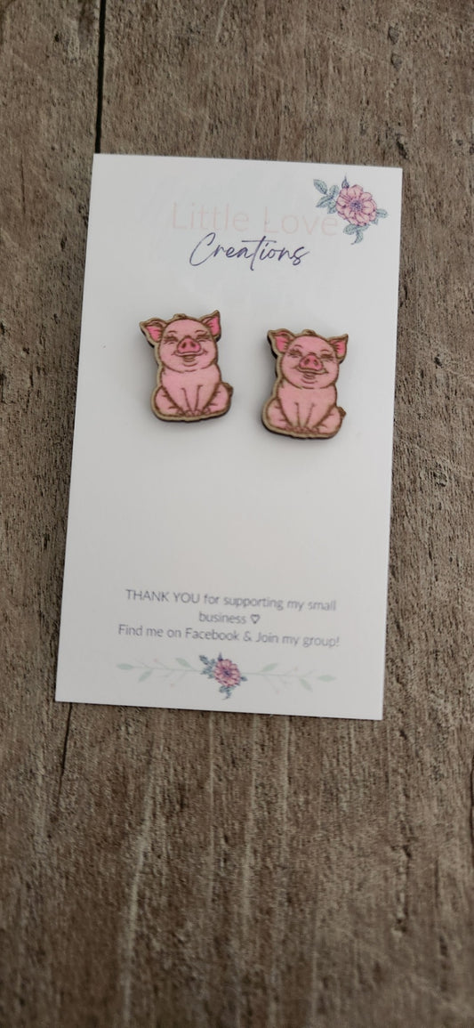 Hand-painted Pig Stud Wood Earrings