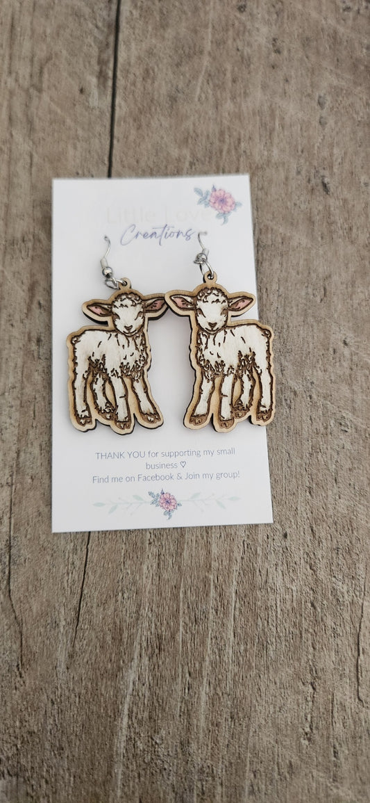 Hand-painted Lamb Wooden Dangle Earrings