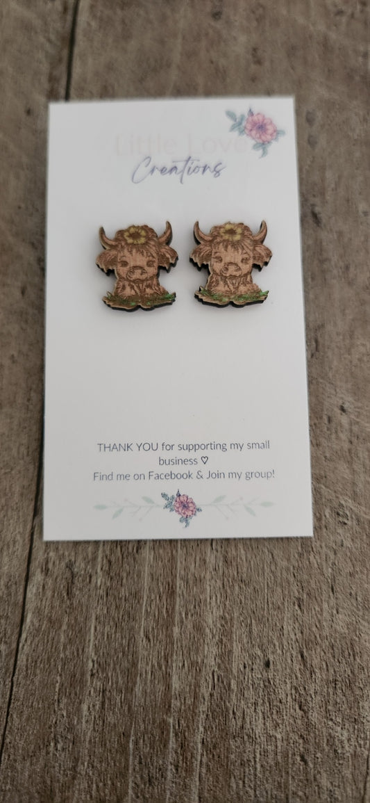 Hand-painted Highland Cow Stud Wood Earrings 