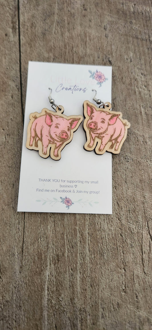 Hand-painted Pig Wooden Dangle Earrings
