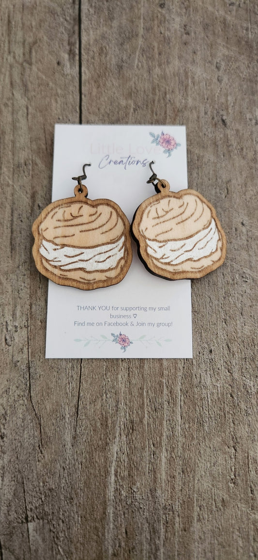 Hand-painted Cream Puff Wooden Dangle Earrings