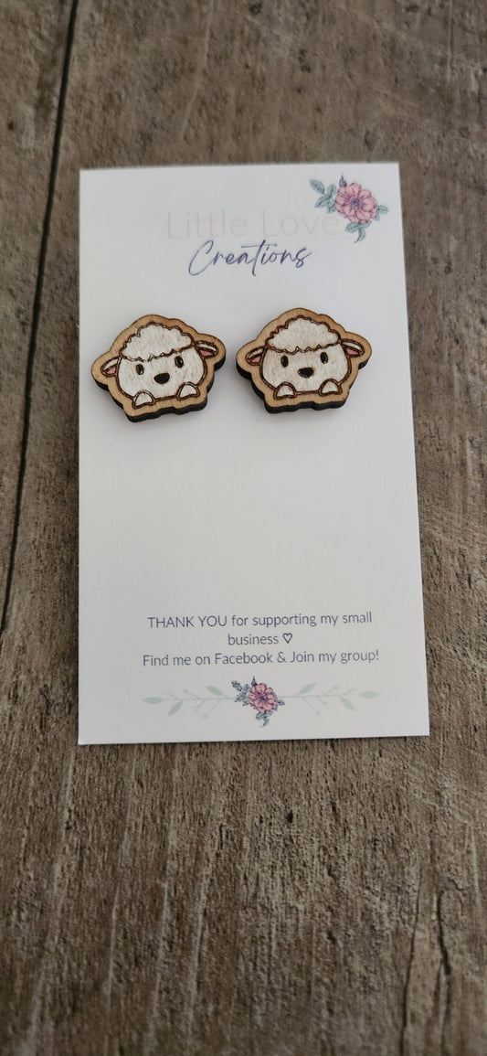 Hand-painted Sheep Stud Wood Earrings