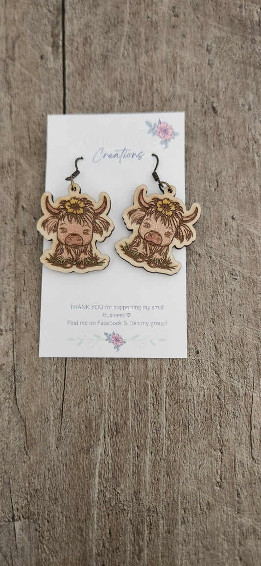 Hand-painted Highland Cow Wooden Dangle Earrings 
