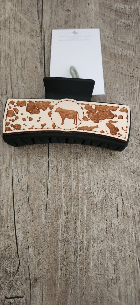 Engraved Wooden Cow Print Claw Hair Clip