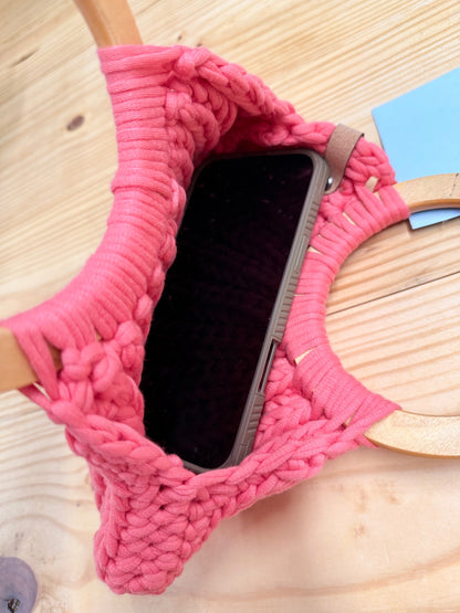 Mini Crochet Round Wood Handle Pink Purse