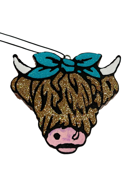 Highland Cow with Bow Car Freshie - Clean Cotton