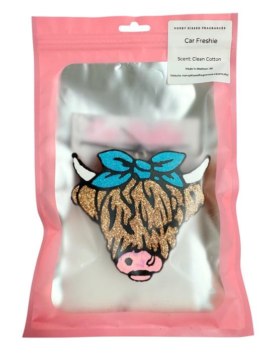 Highland Cow with Bow Car Freshie - Clean Cotton