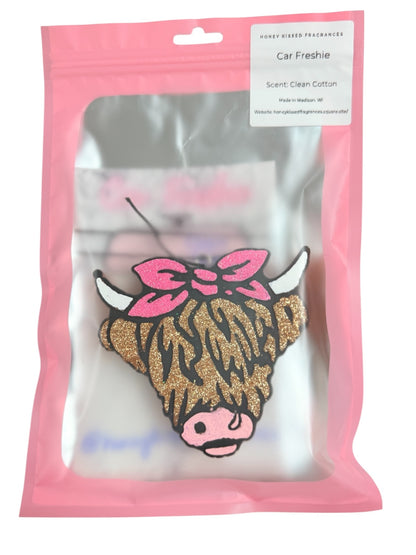 Highland Cow with Bow Car Freshie - Clean Cotton