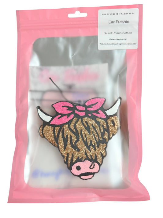 Highland Cow with Bow Car Freshie - Clean Cotton