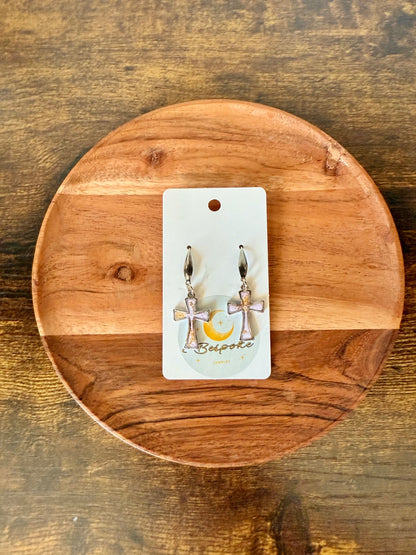 Pink and Silver Polymer Clay Cross Earrings