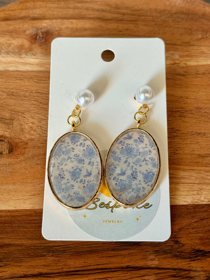 Oval Floral Resin Dangle Earrings