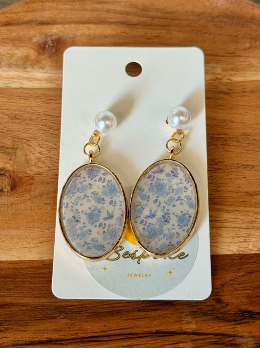 Oval Floral Resin Dangle Earrings