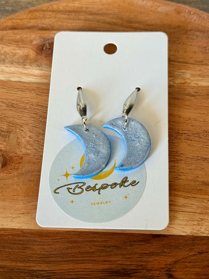 Blue Polymer Clay Moon Earrings