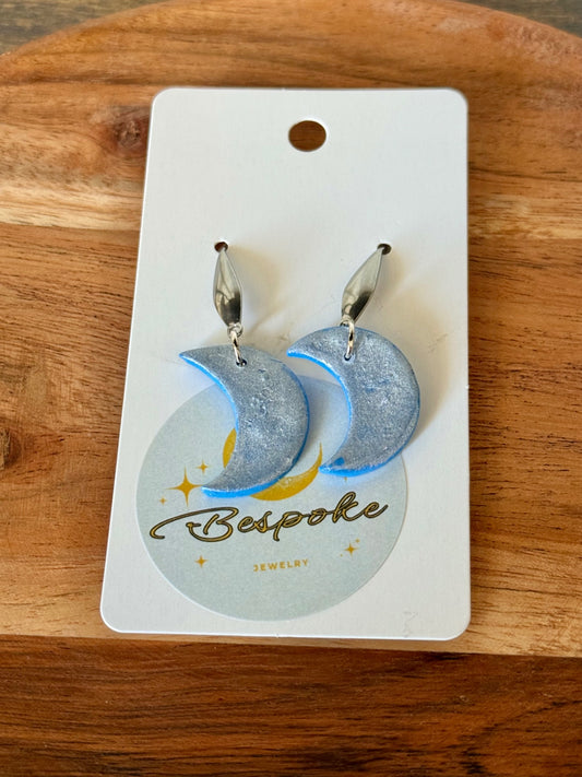 Blue Polymer Clay Moon Earrings