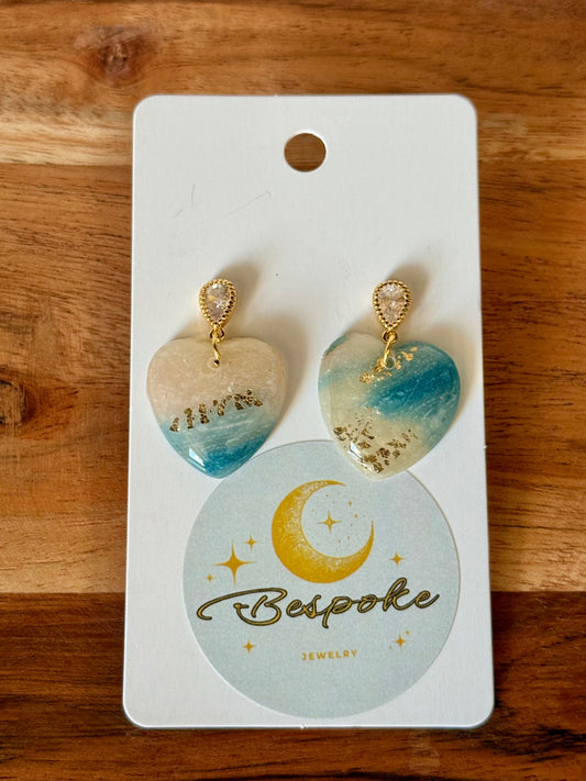 Blue and Gold Flake Heart Clay Earrings