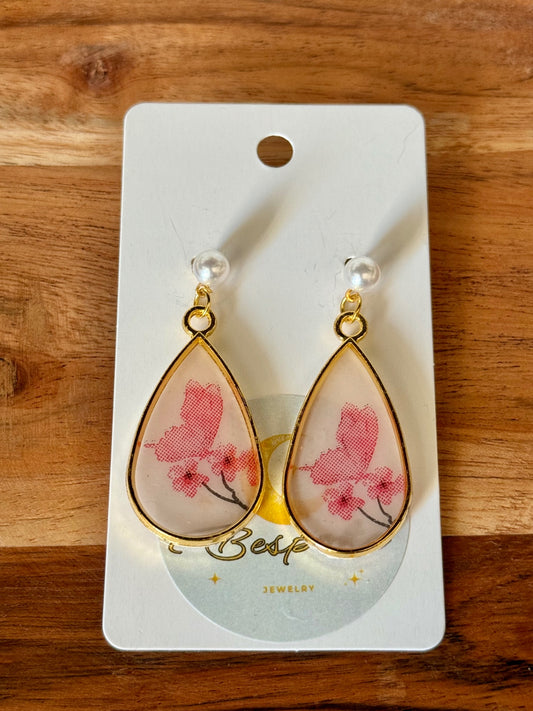 Butterfly Flower Teardrop Resin Earrings