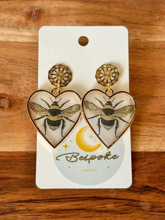 Honey Bee Heart Resin Earrings