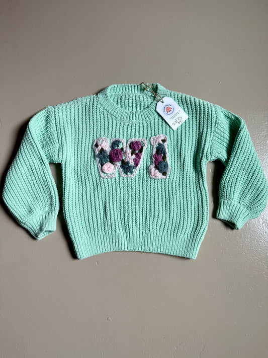 033 - Turquoise Embroidered Floral WI Pride Sweater Size 6-7 Girls