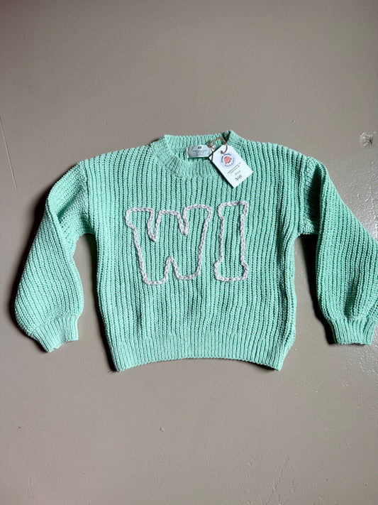 033 - Turquoise Embroidered WI Pride Sweater Size 6-7 Girls