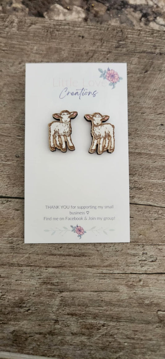 Hand-painted Lamb Wooden Stud Earrings