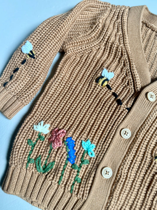 033 - Brown Floral Bee Embroidered Cardigan 18 Months