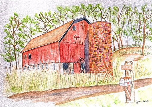 Red Barn with Brick Silo