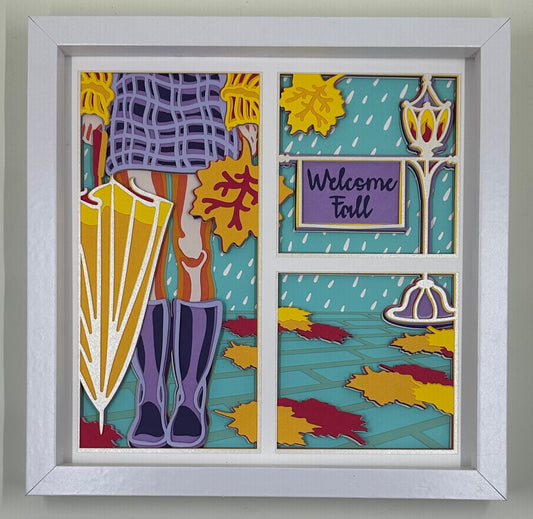 Welcome Fall Girl with Umbrella Shadowbox